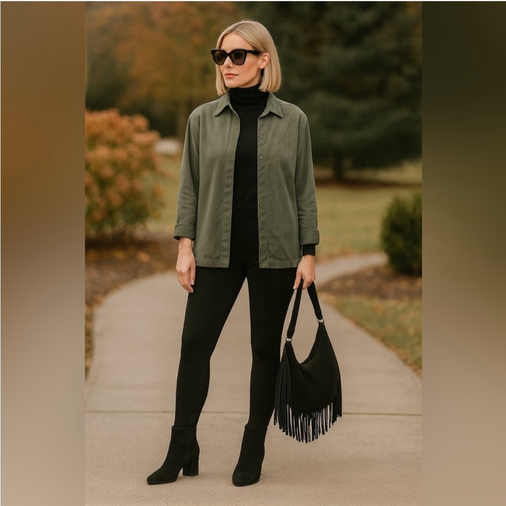 Vintage 90s Chico's Design Faux Suede Shirt Jacket Olive Green M 1